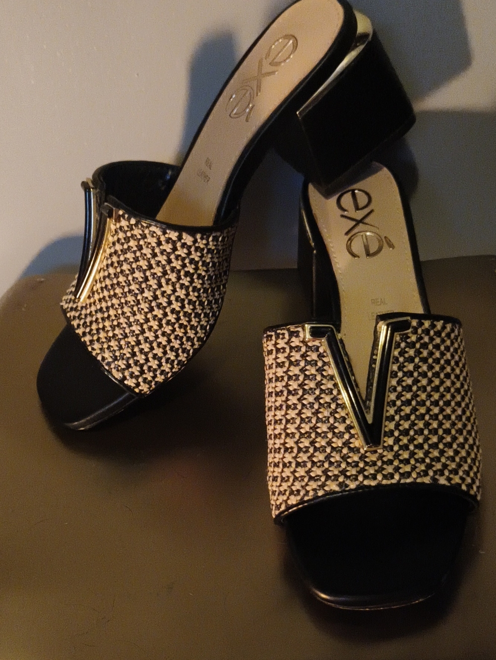 Exé Black and Cream Woven Block Heel Mules